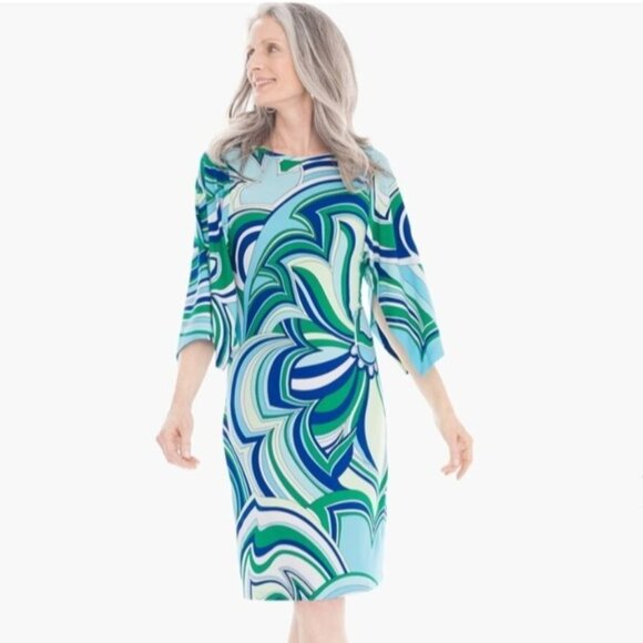 Chicos Dress Womens Large Blue Green Geometric Floral Stretch Mod Hippie Boho - Picture 3 of 13